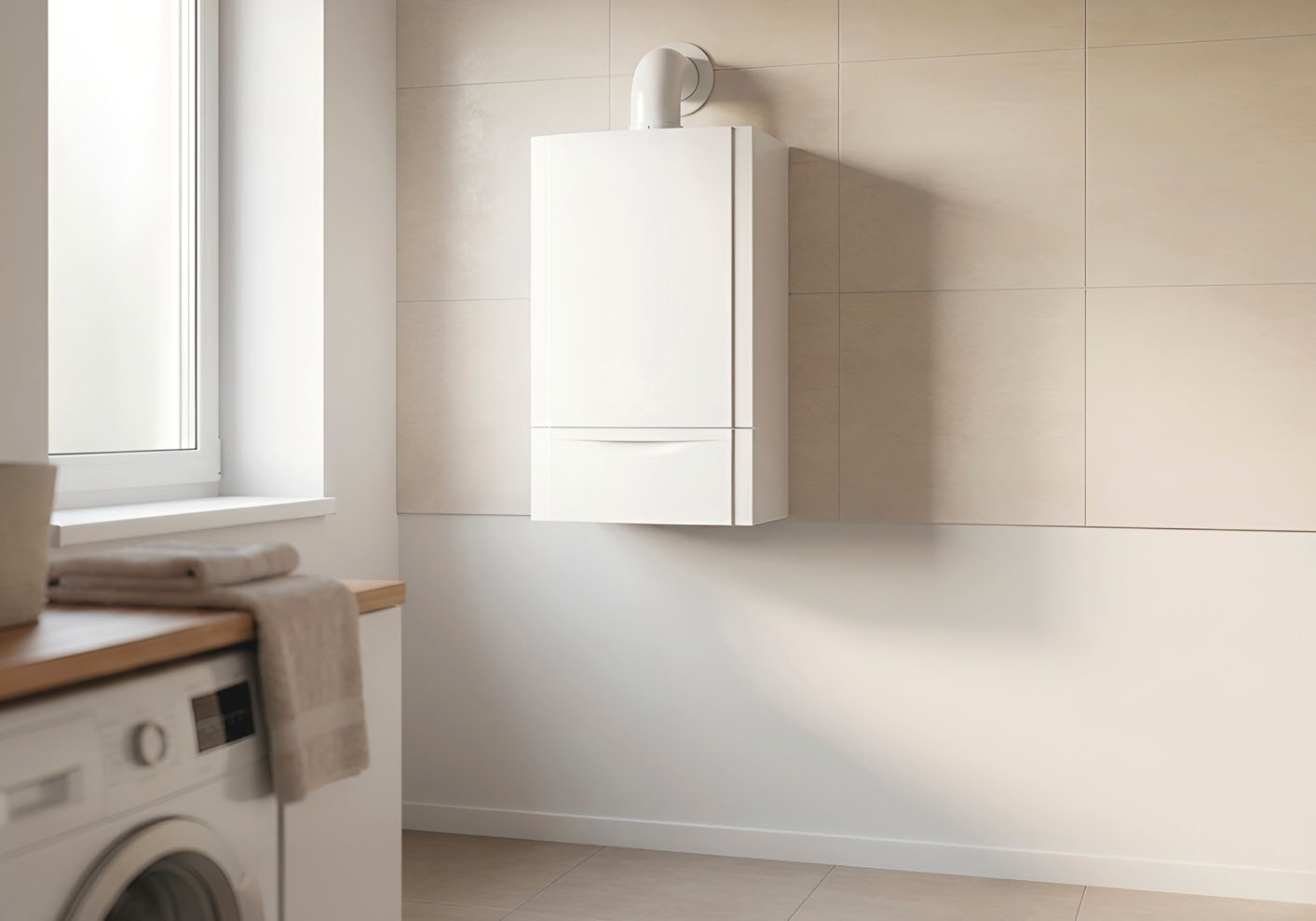 A modern wall-mounted gas boiler installed in a bright, clean utility room with soft natural light.