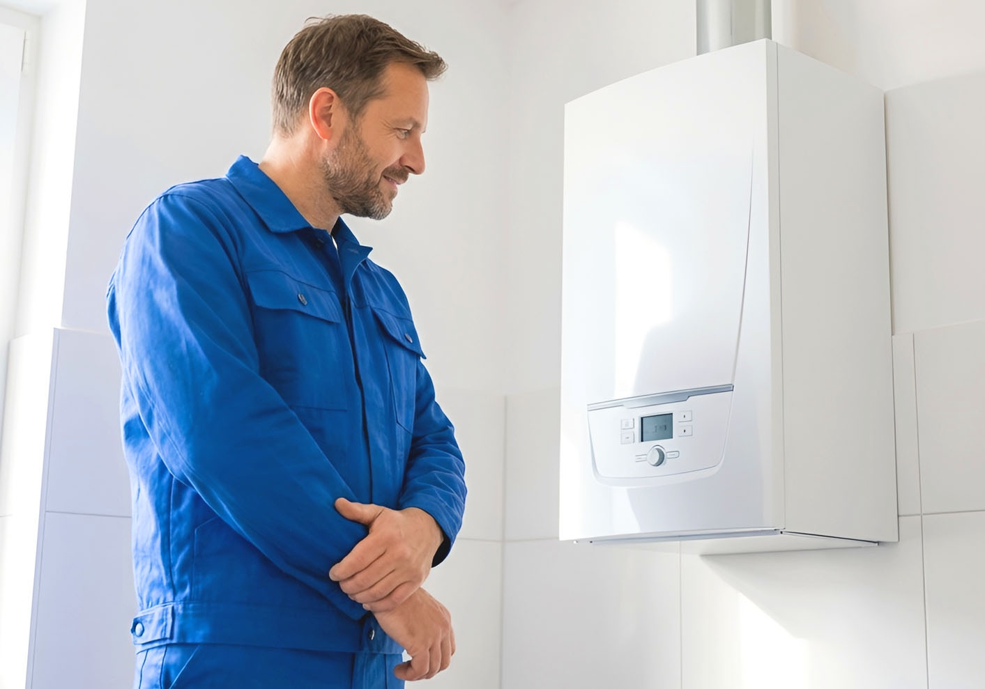 A technician in blue workwear inspecting a modern wall-mounted heating system in a bright, clean interior.
