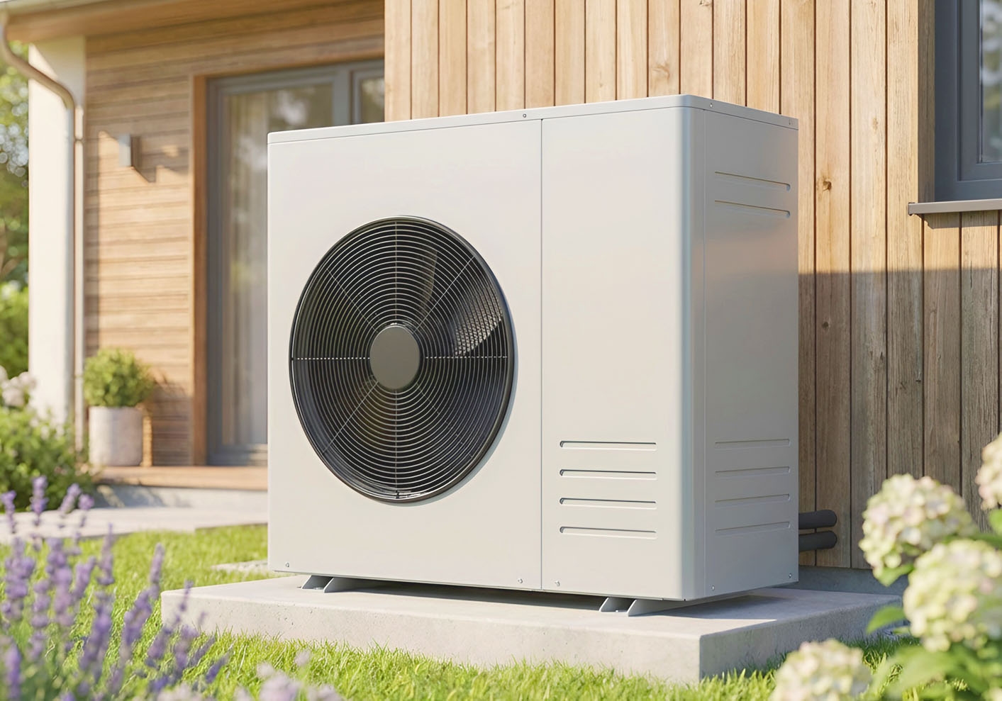 An outdoor air-source heat pump unit installed beside a modern house, surrounded by greenery and bathed in warm natural light.