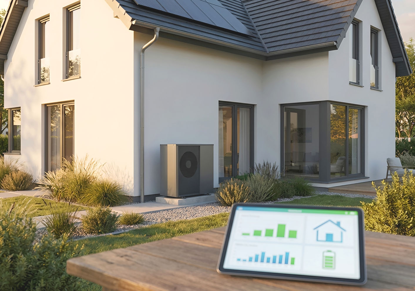 A modern home with an outdoor heat pump unit and solar panels, with a tablet in the foreground displaying energy usage and efficiency data.