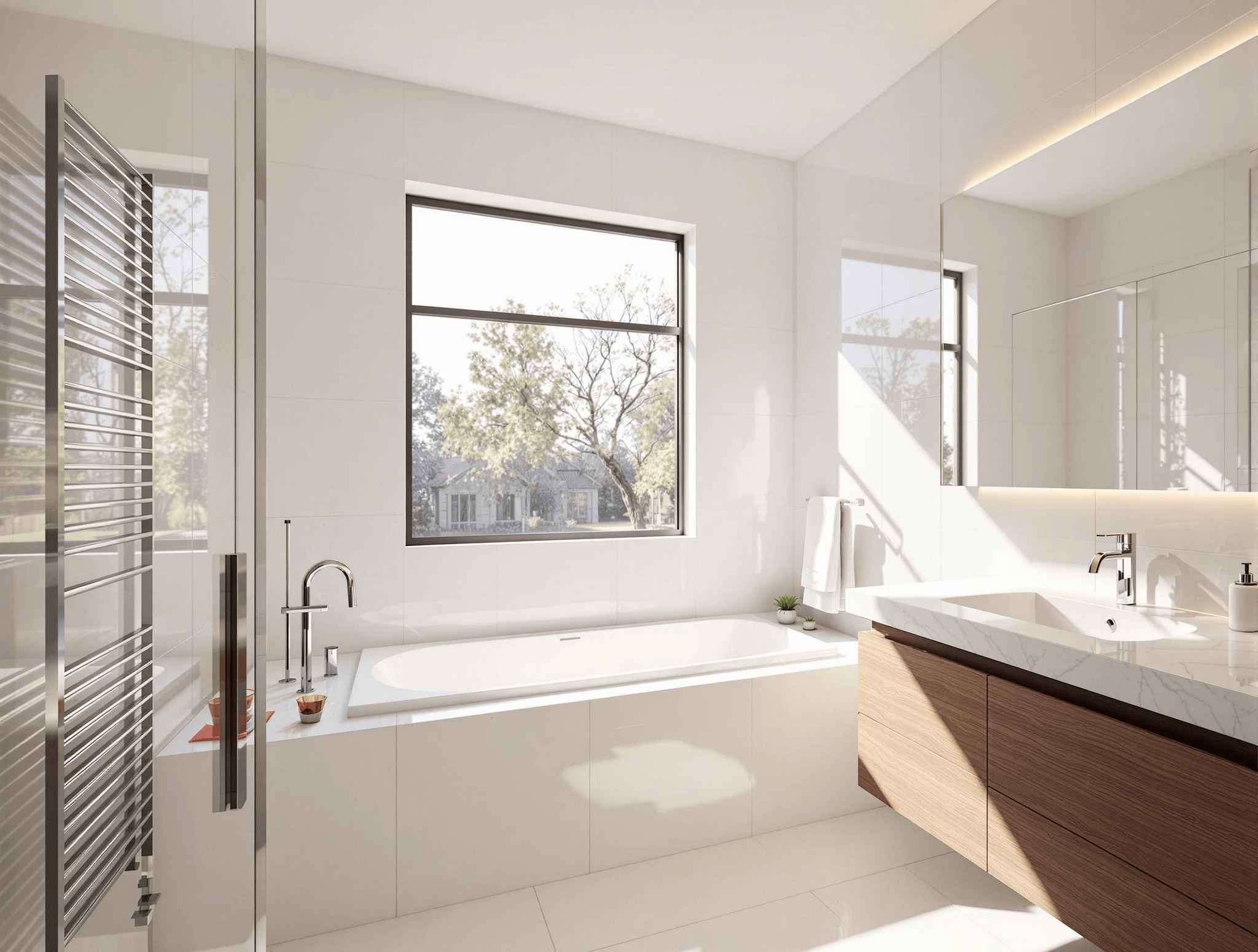 The image depicts a modern bathroom with a clean and minimalist aesthetic, showcasing high craftsmanship in its design and construction. The primary elements include a freestanding bathtub positioned near a large window that allows natural light to illuminate the space. The bathtub features sleek lines and is integrated into a white countertop, suggesting the use of polished stone materials, which adds a touch of luxury.Next to the bathtub, there is a contemporary faucet made of polished chrome, indicating high-quality metal craftsmanship. A small red tray holding two decorative items is also present on the countertop, contributing to the bathroom's decor. The cabinetry below the countertop is made of a warm, wood-like material with a smooth finish, demonstrating fine woodworking skills in its construction. The drawers appear well-fitted and seamlessly integrated, emphasizing attention to detail.On the opposite side, a glass shower enclosure is visible, featuring a detailed chrome shower handle and a sleek horizontal towel radiator made of stainless steel, highlighting both functionality and aesthetic appeal. The wall tiles are uniformly white, contributing to the room's airy feel, while the large windows provide a view of outdoor greenery, enhancing the connection between indoor and outdoor spaces.In terms of environmental conditions, the room is bright and welcoming, benefiting from ample daylight that accentuates the clean lines and materials, making the space feel spacious and modern. The overall design reflects a thoughtful approach to craftsmanship, integrating various elements harmoniously while prioritizing both form and function.
