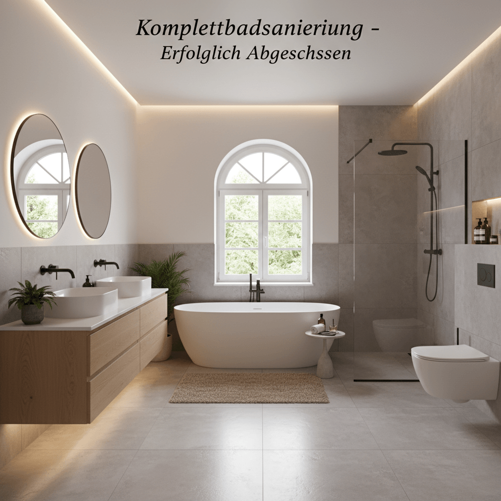 Generate a photorealistic image of a beautifully completed bathroom after a full renovation, showcasing modern fixtures, tasteful decor, and a spacious design to highlight the successful outcome of the 'Komplettbadsanierung'.