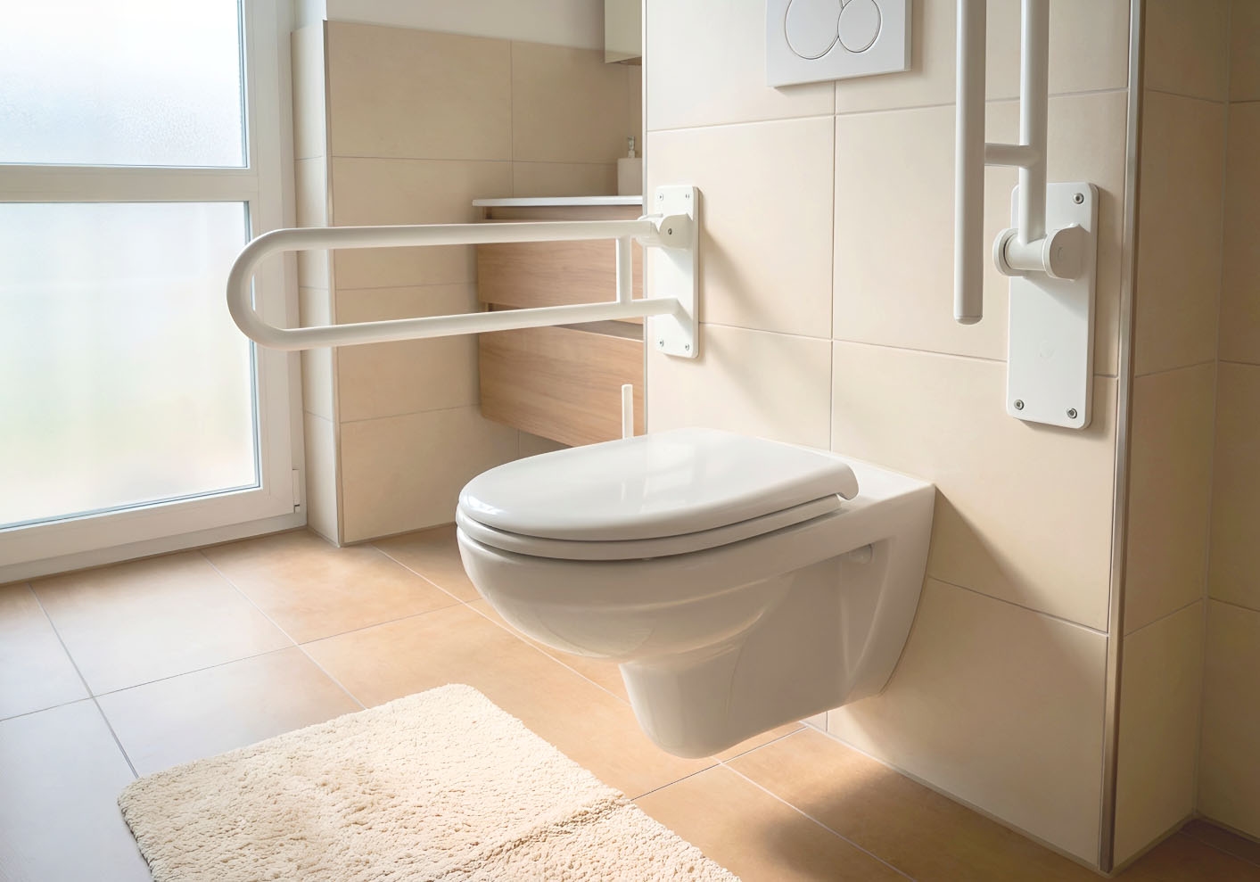 Accessible bathroom with a wall-mounted toilet, foldable support grab bars on both sides, and a vertical grab rail. The space features warm beige tiles, a soft floor mat, and natural daylight coming through a frosted window, creating a clean and comfortable environment.