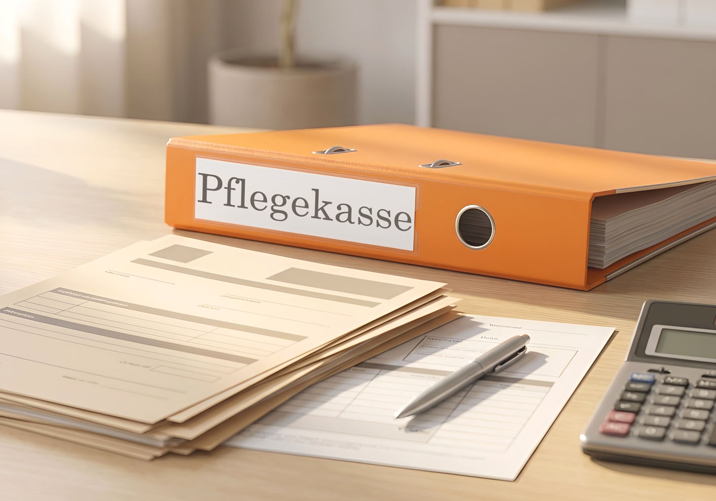 Desk scene with an orange binder labeled “Pflegekasse,” stacked paperwork, a pen, and a calculator. The documents are spread out on a wooden surface, softly lit by natural daylight, suggesting administrative tasks related to care insurance.