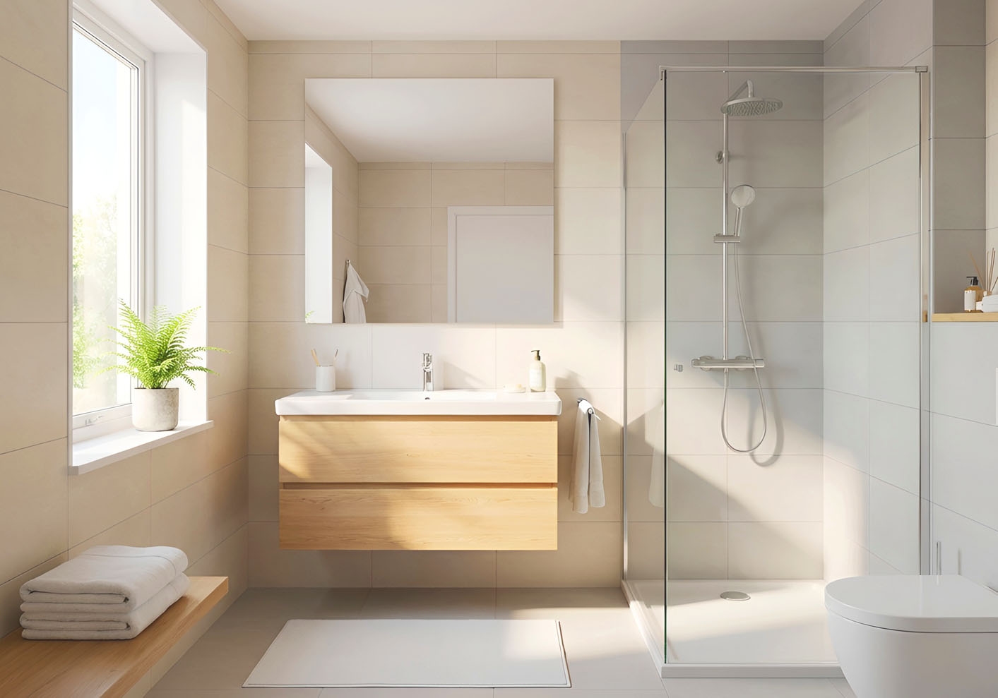 A bright, modern bathroom with a walk-in glass shower, a wooden vanity with a white sink, a large mirror, soft natural light from a window, and minimal, clean decor.