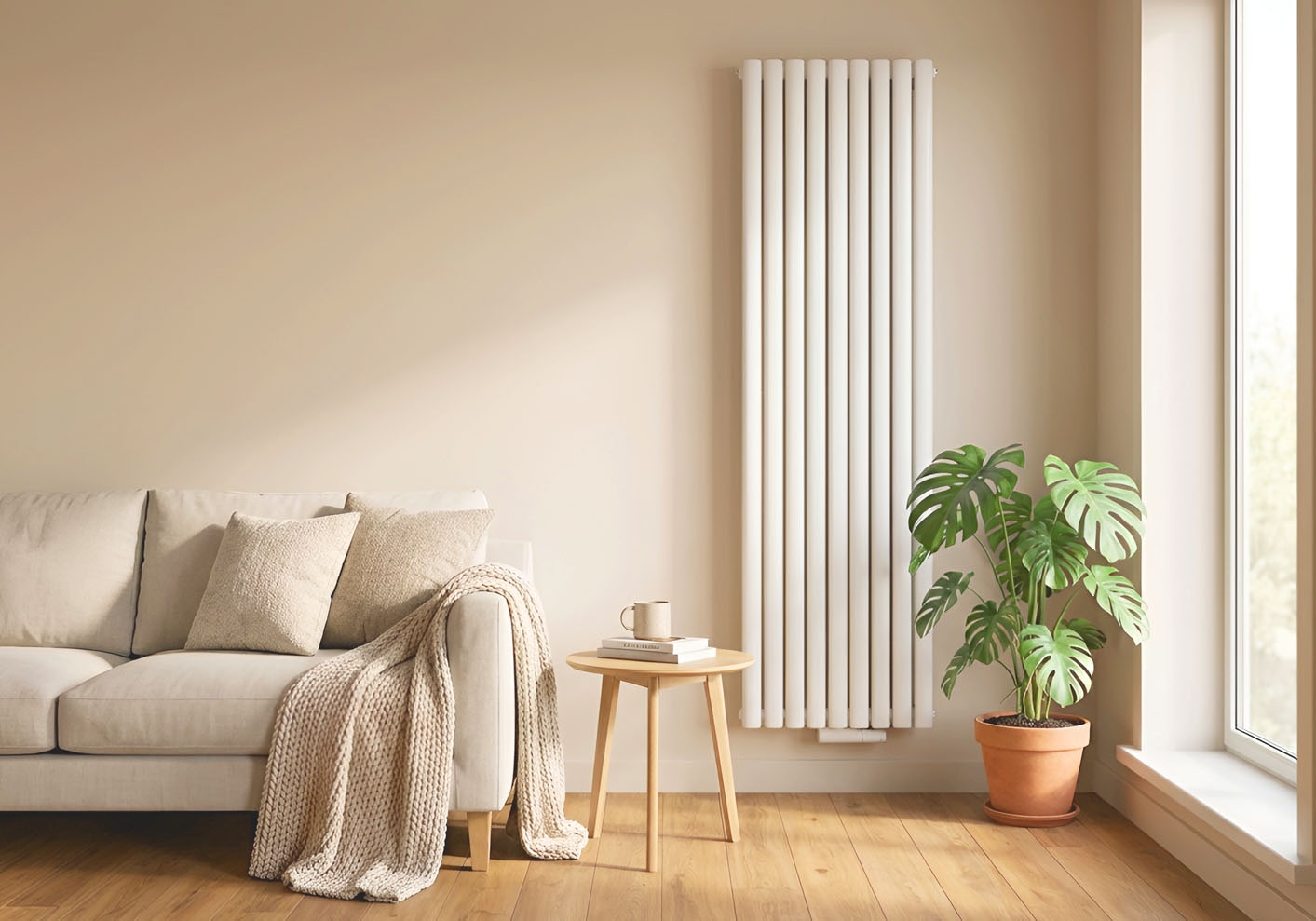 A cozy living room corner with a beige sofa, a soft knitted blanket, a small wooden side table, a potted plant, and a modern vertical radiator beside a sunlit window.